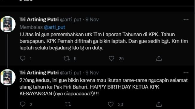 Eks pegawai KPK cerita selama mengerjakan laporan tahunan 2020 bertema Tanpa Tatap Muka. Curhatan itu dituangkan Tri Artining Putri melalui akun Twitter pribadinya. (tangkapan layar/twitter)