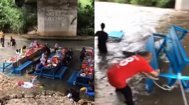 Viral Tempat Makan di Tengah Sungai Kebanjiran, Publik: Nyusahin Basarnas!