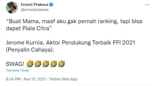 Unggahan Ernest Prakasa [Twitter/@ernestprakasa]