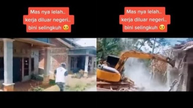 Lelah Kerja di Luar Negeri Dibalas Selingkuh, Suami Emosi Hancurkan Rumah Pakai Bulldozer