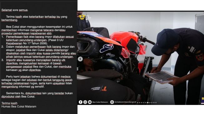 Bea Cukai Mataram memberikan prosedur bagaimana pengecekan motor balap WSBK di Sirkuit Mandalika (Instagram)