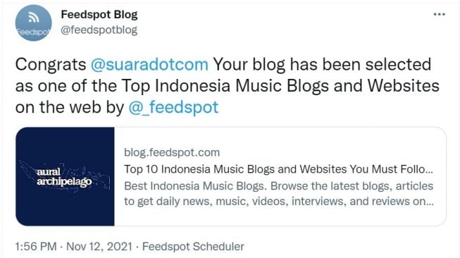 Suara.com masuk 10 besar kanal musik terpopuler versi Feedspot. [Twitter]