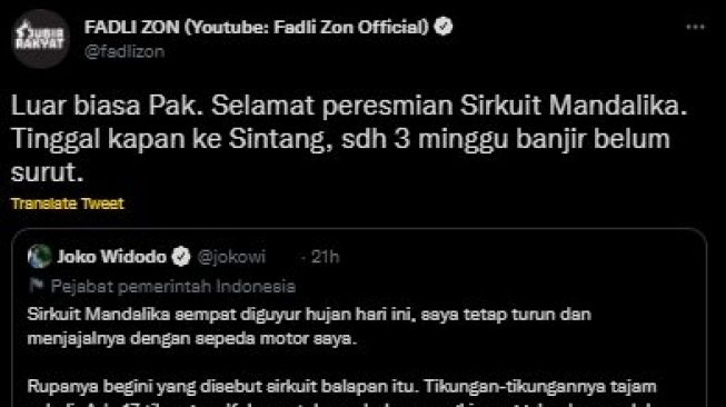 Fadli Zon Sindir Menohok Jokowi Saat Motoran di Sirkuit Mandalika. (Twitter/@fadlizon)