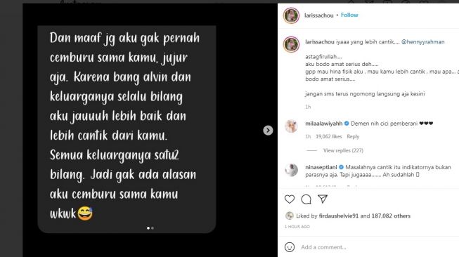 Unggahan Larissa Chou soal SMS Henny Rahman [Instagram]