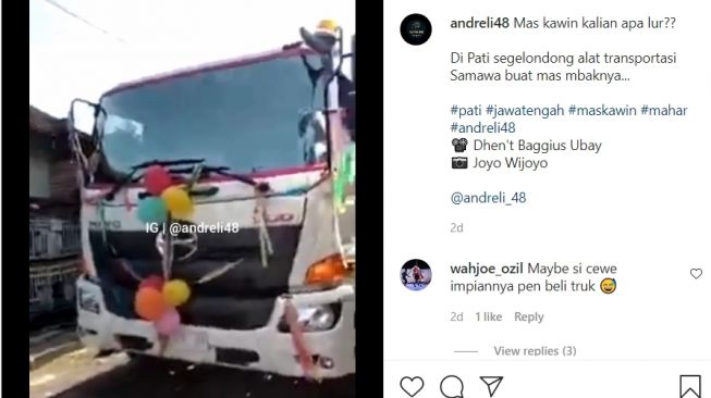 Mahar pengantin wanita diberikan pria berupa truk Hino (Instagram)