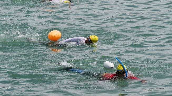 Peserta renang beradu cepat menuju garis finish saat mengikuti lomba renang lintas Teluk Palu di Palu, Sulawesi Tengah, Minggu (14/11/2021).  ANTARA FOTO/Mohamad Hamzah