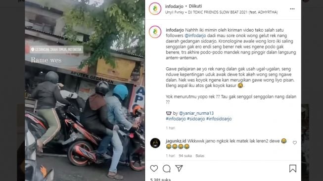 Viral Video Pemotor Berantem di Pinggir Jalan Sidoarjo Gegara Senggolan: Efek Banyak 'Buwuhan' Min..