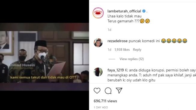 Viral video permintaan Bupati Banyumas ke KPK soal OTT. (Instagram/lambeturah_official)