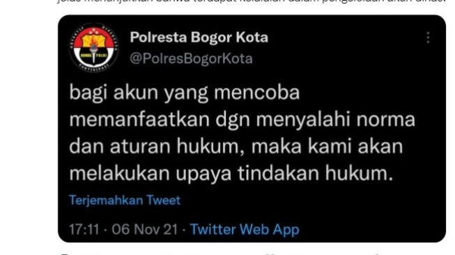 Viral Akun Twitter Polres Bogor Kota dan Polda Sumut Like Konten Porno (Twitter/@txtdrberseragam)