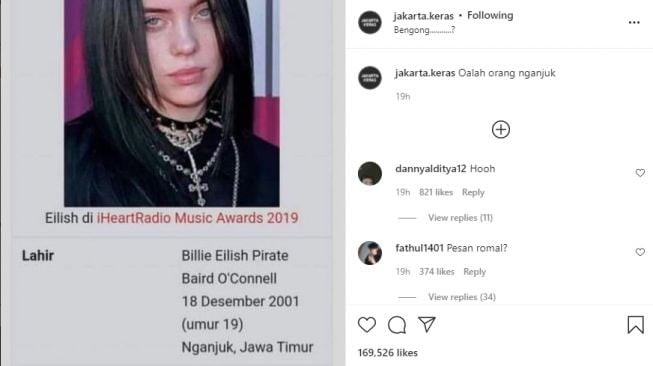 Beredar unggahan biodata yang menyebutkan Billie Eilish lahir di Nganjuk, Jawa Timur. (Instagram)