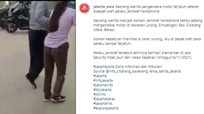 Aksi penjambretan kembali viral di Bekasi [@jakarta_zone]