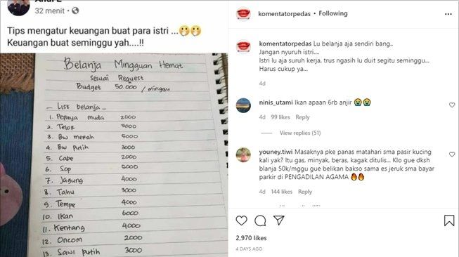 Pria Bagi Tips Atur Uang Belanja Rp50 Ribu Seminggu. (Instagram/@komentatorpedas)