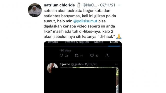 Viral Akun Twitter Polres Bogor Kota dan Polda Sumut Like Konten Porno (Twitter/@NaCl100persen)