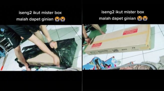 Pria beli mystery box, barang yang datang segeda gaban. (Tiktok/@bujange.id)