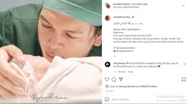 Wardah Maulina melahirkan anak pertama berjenis kelamin perempuan [Instagram/@natta_reza]