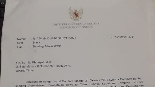 Balasan Surat dari Menteri Sekretaris Negara kepada 58 Eks Pegawai KPK yang di pecat melalui TWK. (Dok. Ist)