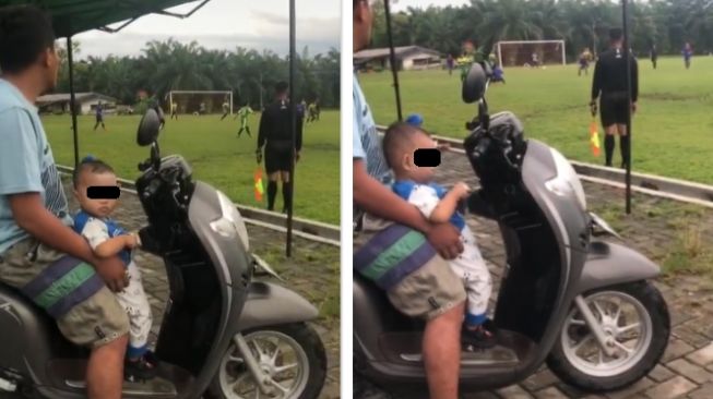 Naik Motor Dibonceng Ayahnya, Aksi Bocil Ini dapat Acungan Jempol Cewek-Cewek