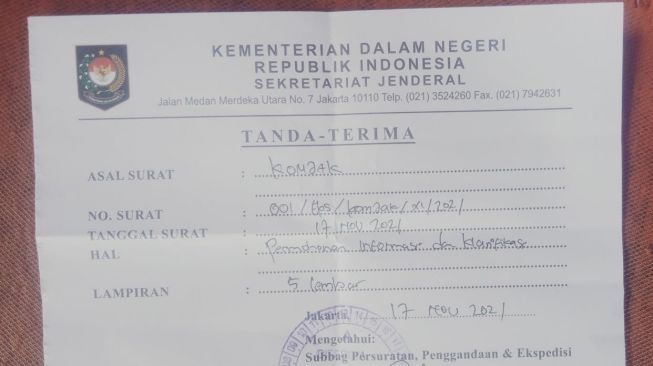 Bukti laporan Komjak yang adukan Jaksa Agung ST Burhanuddin berKTP Ganda dan poligami ke Kemendagri. (Dok, Komjak)