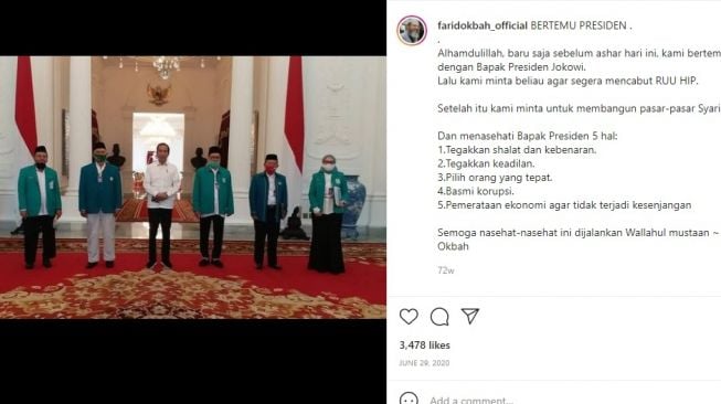 Unggahan Farid Ahmad Okbah saat bertemu Presiden Jokowi.[Instagram]