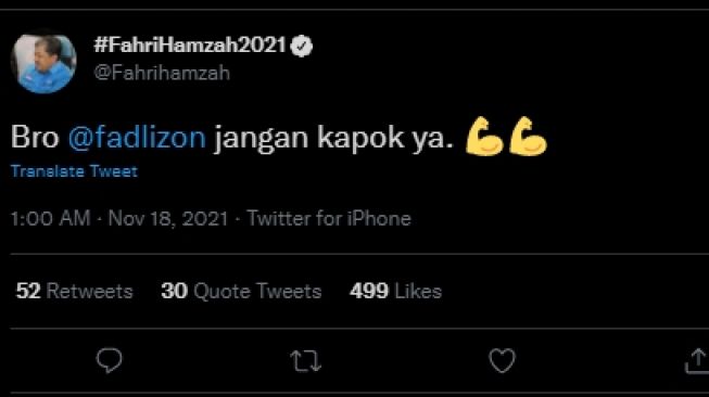 Fahri Hamzah berharap agar Fadli Zon tidak kapok. (Twitter/Fahrihamzah)