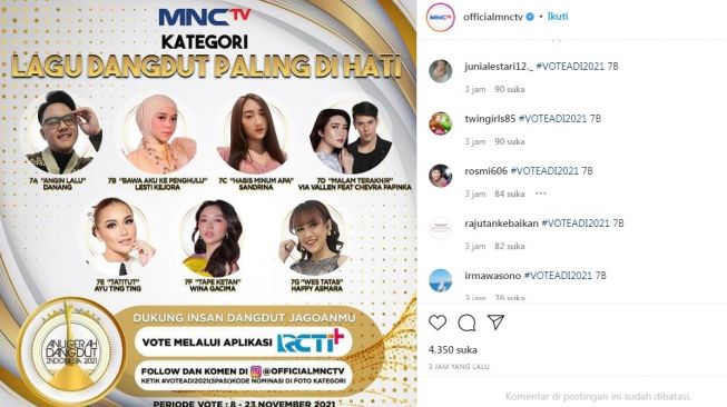Unggahan soal Anugerah Dangdut Indonesia 2021 [Instagram/@officialmnctv]