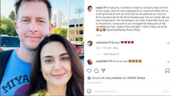 Preity Zinta dan suami, Gene Goodenough mengumumkan bahwa mereka baru saja dikaruniai seorang bayi yang lahir dari bantuan ibu pengganti. [Instagram]