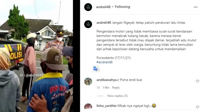 Pemotor ngeyel dengan polisi usai menabrak tukang becak di jalan (Instagram)