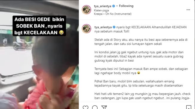 Tya Ariestya nyaris alami kecelakaan mobil [Instagram/@tya_ariestya]