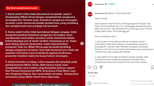 Klarifikasi TV One kepada Nirina Zubir [Instagram/@tvonenews]