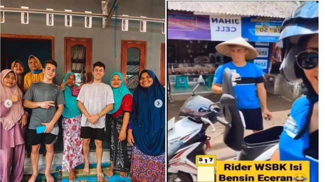 Duo pembalap Yamaha, Dani Valle dan Unai Orradre foto bareng emak-emak dan beli bensin eceran (Instagram)