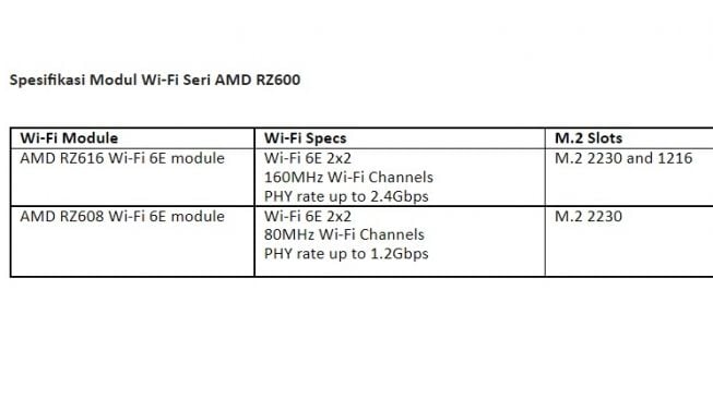 Spesifikasi modul Wifi 6E Seri AMD RZ600. [Mediatek]