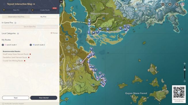 Genshin Impact utiliza un mapa interactivo para crear rutas para la agricultura. [Sportskeeda]