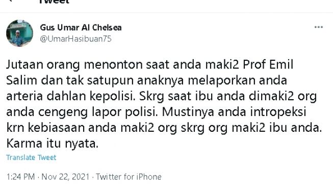 Cuitan Gus Umar soal Arteria Dahlan (twitter)