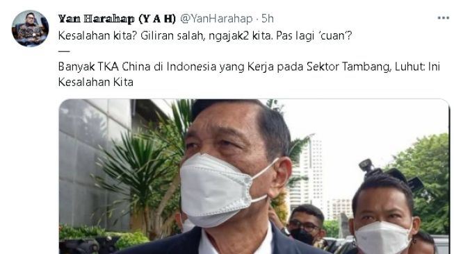 Cuitan Yan Harahap sentil Luhut (Twitter)