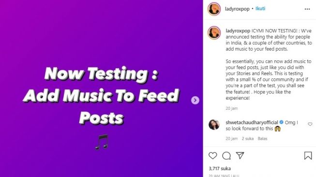 Uji coba fitur Instagram penambahan musik di unggahan. [Instagram]