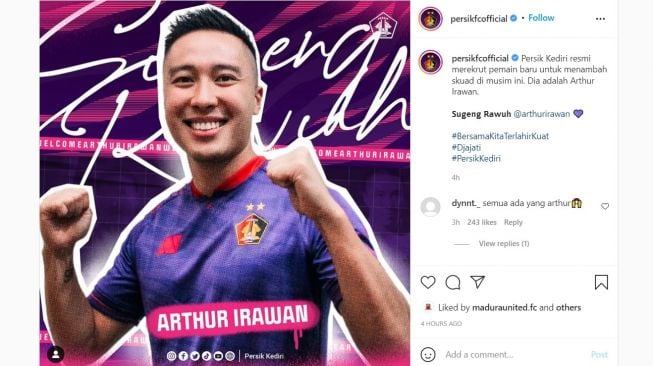  Arthur Irawan resmi bergabung dengan Persik Kediri, ia pun meninggalkan PSS Sleman. [Instagram]