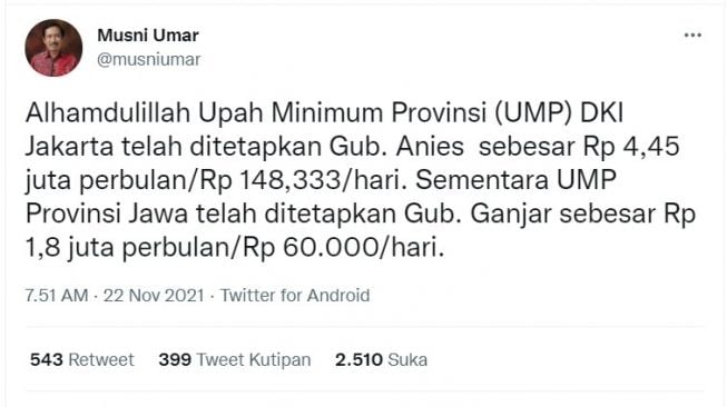 Cuitan Musni Umar yang menyindir soal UMP DKI Jakarta dan Jateng. [Twitter]