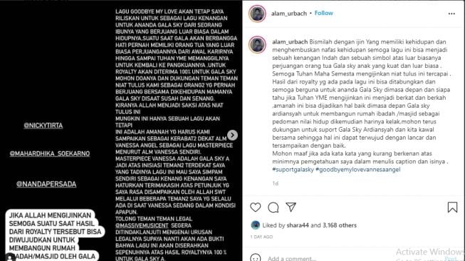 Sahabat akan berikan royalti lagu Vanessa Angel untuk Gala Sky [Instagram/@alam_urbach]