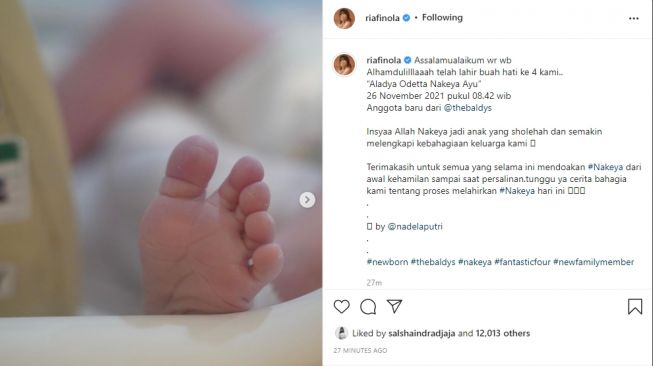 Nola B3 melahirkan anak keempat [Instagram/@riafinola]
