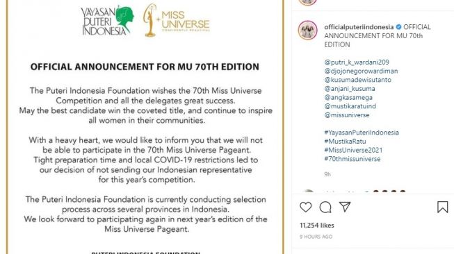 Indonesia Resmi Tidak Ikut Miss Universe 2021 di Israel (Instagram/@officialputeriindonesia)