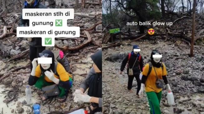 Pendaki Maskeran Pakai Belerang Langsung di Gunung (TikTok)