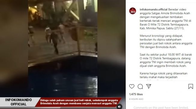 Viral Oknum Brimob Bawa Senjata Cari Anggota TNI di Papua (Instagram/@infokomando.official)