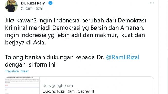 Rizal Ramli galang dukungan untuk maju Pilpres 2024 (twitter)