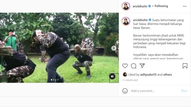 Menteri BUMN saat mengikuti serangkain pelatihan sebelum resmi menjadi anggota Banser. [Instagram]