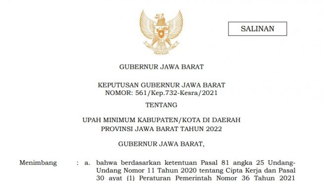 Keputusan Gubernur Jawa Barat Nomor: 561/Kep.732-Kesra/2021 Tetang Upah Minimum Kabupaten/Kota di Daerah Provinsi Jawa Barat Tahun 2022. [Istimewa]