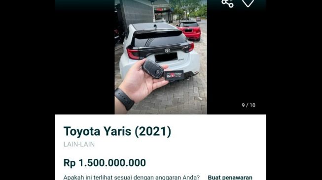Toyota Yaris dijual via situs jual beli online [screenshot].