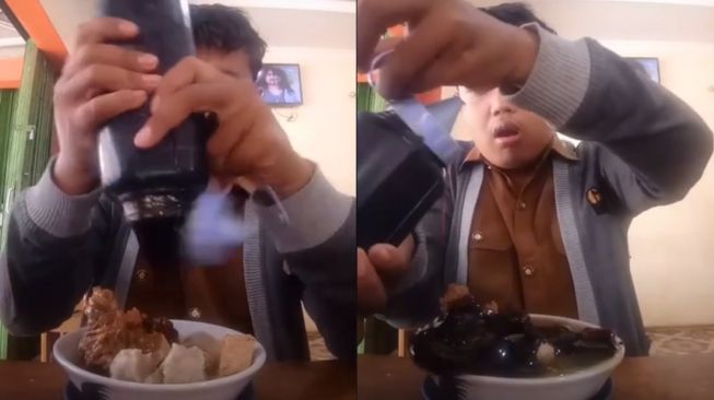 Video detik-detik satu botol kecap tumpah di mangkok bakso. (Tiktok/@akudeswa)