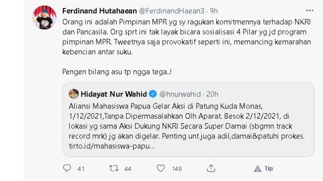 Cuitan Ferdinand Hutahaean tentang pernyataan HNW (twitter)