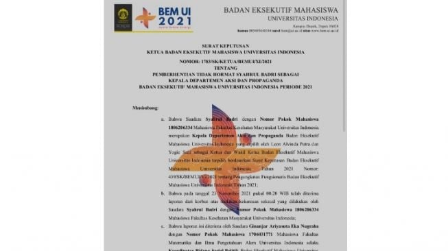 Diduga Lakukan Kekerasan Seksual, Kepala Departemen Aksi dan Propaganda BEM UI Dipecat