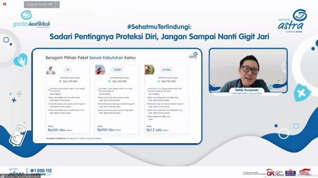 Teddy Suryawan, Chief Digital Officer Asuransi Astra menjelaskan mengenai salah satu cara proteksi diri dengan asuransi kesehatan rawat jalan Garda Healthtech kepada ratusan peserta webinar #SehatmuTerlindungi: Sadari Pentingnya Proteksi Diri, Jangan Sampai Nanti Gigit Jari [Asuransi Astra].